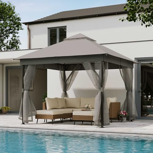 LAUSAINT HOME 10'x10' Outdoor Patio Gazebo with Mosquito Netting, Double Roof Outdoor Gazebo Pavilion Shelter for Backyard, Garden, Lawn, Wedding (Grey) - color: Gray, size: 10'x10' - w/o curtains