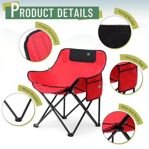 2 Pack Compact Camping Chairs Portable Folding for Outside with Carry Bag Lightweight Moon Chairs for Travel Picnic Hiking Beach Fishing, 600D Oxford, Supports 330lbs(Red, Black) - color: Red, Black