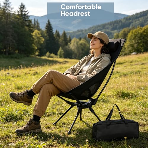Swivel Portable Camping Chair, High Back Folding Chair with Detachable Pillow, Compact Lightweight Backpacking Chair for Outdoor, Travel, Beach, Hiking, Support 330 LBS, 1 Pack Black