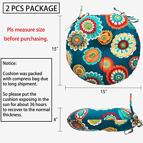 Magpie Fabrics Outdoor Round Bistro Seat Cushions with Ties, 15"x15"x4" Set of 2, Tufted Waterproof Barstool Chair Pads for Patio Home Garden Office, Floral Green - color: A Floral Green