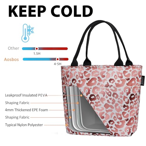 Aosbos Lunch Tote Bag, Insulated Lunch Box for Women, Leakproof Lunch Cooler Purse for Work, Pink Leopard Print - color: K. Pink Leopard