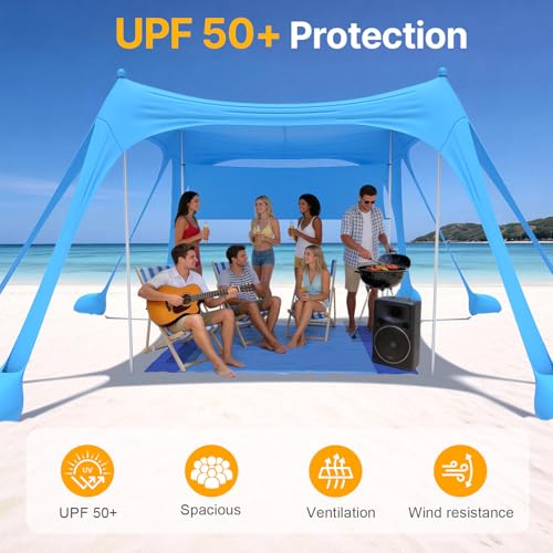 HOPERAN Beach Tent Sun Shelter, UPF50+ UV Protection, 10x10FT Pop Up Shade Beach Canopy Windproof for Outdoor Camping, Fishing, Picnics with 8 Sandbags, 1 Beach Mat, 1 Sideshade, 4 Stability Poles - color: 10x10 FT Sky Blue