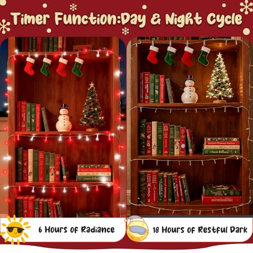 cshare Red and White Christmas Lights Outdoor Battery Operated, Chrristmas String Lights with Timer Waterproof Clear Wire for Indoor & Outdoor Christmas Decorations Garland Party Garden - color: Red and White