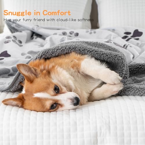 Waterproof Dog Blankets Pet Blanket 60"x80", Soft Fluffy Sofa Car Bed Protector, Reversible Sherpa Fleece Dog Blanket for Large Dogs (Light Grey-Paws) - color: Light Grey-paws, size: 60"x80"