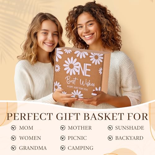 Beferr Mothers Day Beach Gifts Basket for Women, 79" X 83" Beach Blanket Waterproof Sandproof, Beach Mesh Tote Bags, Birthday Baskets for Her Wife Mom Sister Grandma Friend - color: Khaki
