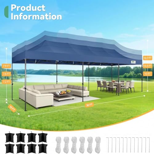 COBIZI 10x30 Pop up Carport 10x30 Canopy Tent with Sidewalls, Heavy Duty Party Tent Tents for Parties, Foldable UPF 50+ Waterproof Commercial Easy up Canopy with Roller Bag, Navy Blue - color: Navy Blue, size: 10ft x 30ft
