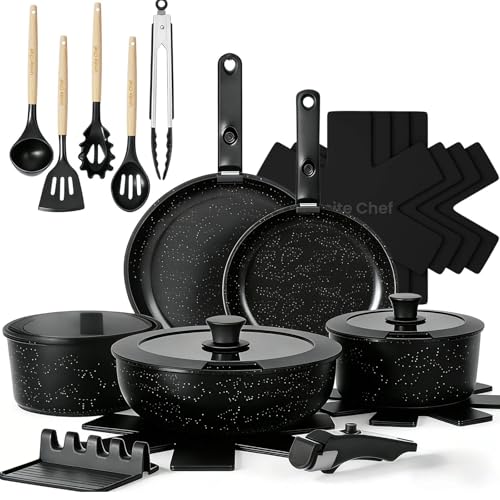 Umite Chef 21Pcs Pots and Pans Set Non Stick, Nonstick Cookware Sets Detachable Handle, Non Toxic Induction RV Kitchen Cooking Set, Dishwasher/Oven Safe, Fridge Safe, Space Saving(Black) - color: Black