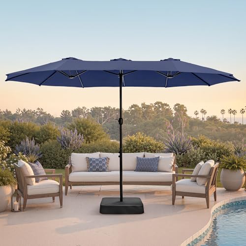 PHI VILLA 15ft Large Patio Umbrellas with Base Included, Outdoor Double-Sided Rectangle Market Umbrella with Crank Handle, for Pool Lawn Garden, Navy Blue - color: Navy Blue