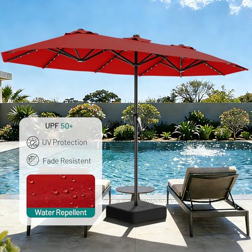 AreShark 15FT Patio Umbrella with Solar Lights, Double Sided Outdoor Table Umbrellas with Crank, Large Rectangular Market Umbrella for Porch, Lawn, Pool, Backyard, Red - color: Red, size: 9x15 Ft