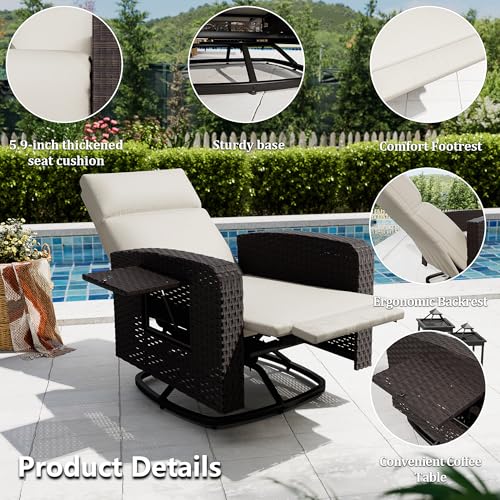 Outdoor Swivel Recliner Chair,Dual-Adjust Outdoor Patio Chair with Adjustable Backrest and Footrest,Wicker Patio Chair with Flip-Up Table for Living Rooms,Pools,Balconies, patios,courtyards