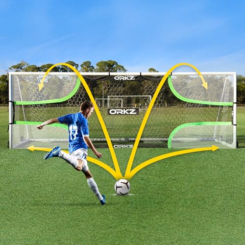 Soccer Goal Target Net - 24ft x 8ft Scoring Training Equipment - Improve Kick Practice Shooting Targets, Portable Football Target Sheet with Carry Bag, Ground Stakes, Bungee Cord Included