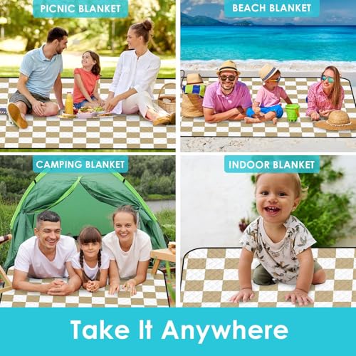 Waterproof Picnic Outdoor Blanket, 79" x 59" Sandproof Foldable Large Picnic Blanket for Beach, Camping, Park, Travel, Concert, Great Gift for Families and Couples (Beige Checkered) - color: Beige Checked