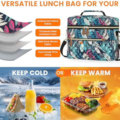 Tenot Insulated Lunch Box for Women Reusable, Leak Proof Cooler Lunch Bag Women for Work Stylish Quilted Lunch Tote Bag for Adult Picnic Travel Hiking Blue Leave - color: Blue Leave
