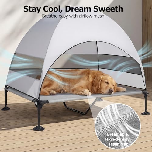 Elevated Dog Bed with UV-Proof Canopy, Outdoor Dog Tent with Powerful Adjustable Feet, Portable Pet Cot with Wider Shade, Raised Cooling Bed for Camping, Patio, Beach, Poolside - color: Gray, size: X-large: 50.0"l X 32.0"w X 42.5"th