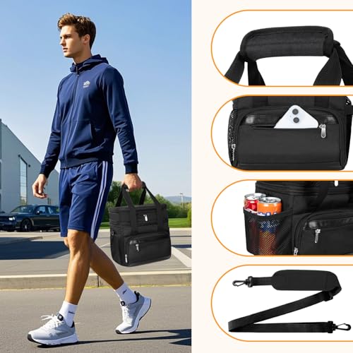 Insulated Lunch Box for Men & Women - Double Layer Leakproof Lunch Bag with Adjustable Shoulder Strap, Expandable Food Cooler for Work, Office, Travel, Camping (Black) - color: Black, size: Expandable Double