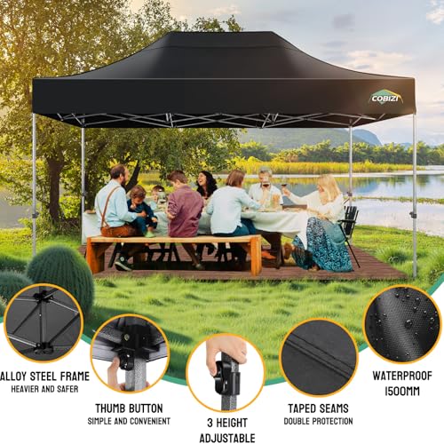 COBIZI 10x15 Heavy Duty Pop Up Canopy Tent with 4 Sidewalls Thicken Frame, Commercial Easy Up Outdoor Wedding Party Tents, All Season Waterproof Windproof with Stakes Sandbags Ropes Bag, Black - color: Black, size: 10x15