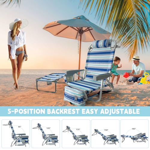 Backpack Beach Chair Aluminum 2 Pack with Folding Camping Table 5-Position Lay Flat Lounge Chair Outdoor for Adults with Insulated Cooler Bag and Cup Holder - color: White, size: 2 PACK