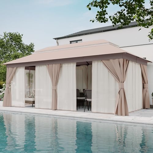 LAUSAINT HOME Gazebo 10x20ft, Heavy Duty Patio Gazebo with Expansion Bolts, Party Canopy Tent with Double Roofs, Mosquito Nettings and Privacy Screens for Backyard, Garden, Lawn, Khaki - color: Khaki, size: 10'x20'