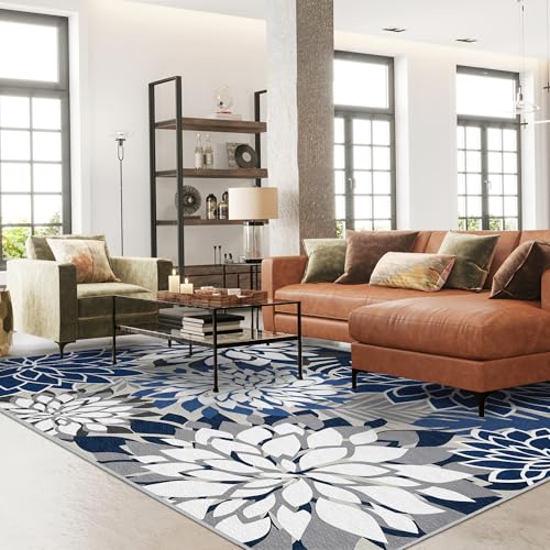 6x9 Outdoor Area Rug Washable Multicolored Patio Rug Tropical Botanical Floral Chenille Waterproof Outdoor Carpet Non-Slip for Patio, Deck, Backyard, Porch, Blue - color: Blue White, size: 6' x 9' (Rectangular)