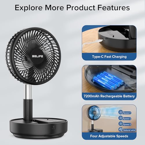 Belife X8 Portable Fan, 7200mAh Battery Powered Rechargeable, Oscillating USB Desk Floor Fan with Remote, Foldable Telescopic Fan for Home Bedroom Sleeping Office Camping Travel, 7.7" (Black) - color: Black, style: Oscillating