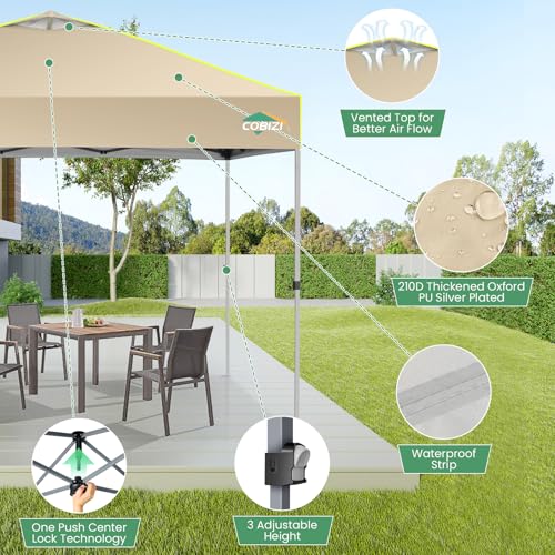 COBIZI 10x10 Pop Up Canopy Tent Without Removable Sidewalls, One Push Party Tent Outdoor Waterproof Event Canopy with Air Vent for Parties Commercial Wedding, 3 Height, Carry Bag, Sandbag, Khaki - color: Khaki, size: 10x10FT