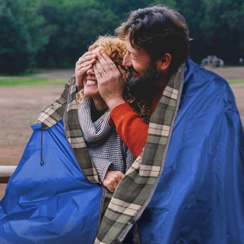 DUKUSEEK Outdoor Stadium Blankets with Hood, Fleece Blankets, Quilted, Extra Thick Fleece, Warm, Windproof, Sandproof, Includes Stuff Sack, Shoulder Strap - color: Dark-blue-blue-plaid