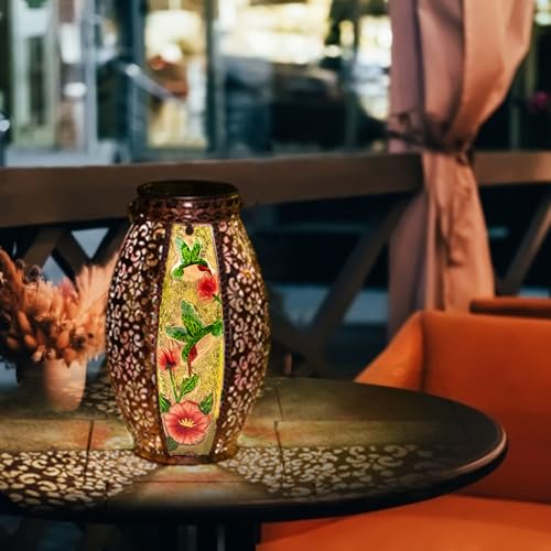 Larekook Hummingbird Solar Lantern Outdoor Waterproof,13" Large Metal Hanging Lantern Decorative,Hummingbird Solar Lights for Yard Lawn Porch Patio Garden Decor,Birthday Gifts for Women Mom - style: 2 Hummingbird