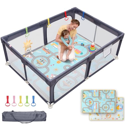 Dripex Baby Playpen with Mat, 71"x47" Play Pen for Toddlers 1-3 Years, Soft Breathable Visible Mesh, Indoor/Outdoor Portable Play Yard with Mat, Safe Baby Fence Play Area, Dark Grey - color: Dark Grey, size: 71"×47" with Mat
