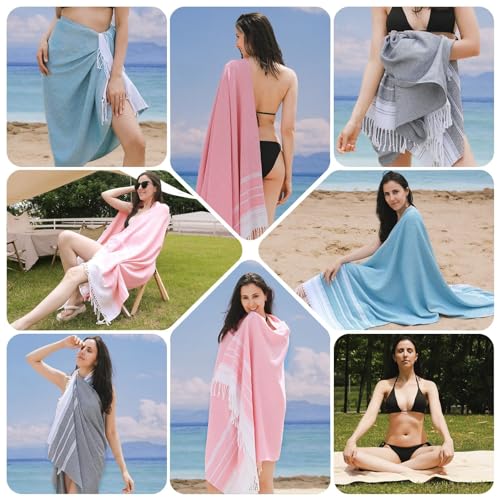 Genovega 6 Oversized Turkish Beach Bath Towel Set Bulk 74"x38" Extra Large Sand Free Quick Dry Swimming Camping Pool Clearance Towels Essentials Adult Multi Stripe Travel Blanket - color: Orange Yellow Purple Lightblue Grey Lightgreen Stripe