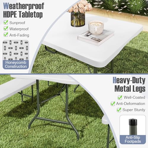 Goplus 8ft Plastic Folding Table, 350 LBS Outdoor Heavy Duty Folding Tables with HDPE Tabletop, Handle, Lock, Foldable Rectangle Portable Utility Card Table for Picnic, Party, Camping, Dining - color: White, size: 96.5" x 29" 29.5"