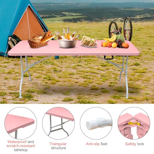 Portable 6Ft Folding Table, Heavy Duty Plastic Fold-in-Half Utility Foldable Dining Table, Multi-Purpose Plastic Folding Table with Carrying Handle for Camping and Party Indoor/Outdoor (Pink) - color: Pink, size: 6Ft