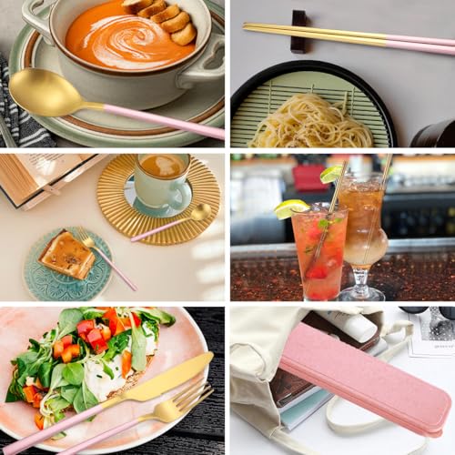 AARAINBOW 6 Pieces Stainless Steel Flatware Set Portable Reusable Cutlery Set Travel Utensils Set Including Chopsticks Knife Fork Spoon Straws Cleaning Brush Dishwasher Safe (B-Pink golden) - color: B-Pink golden