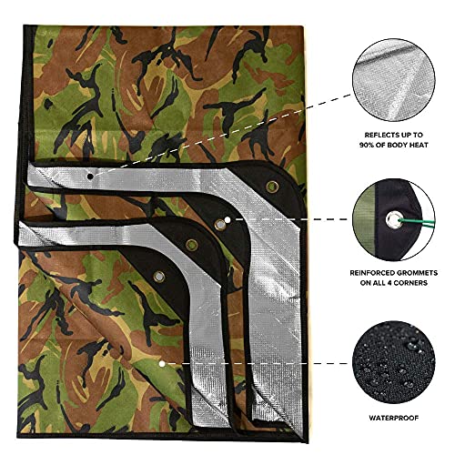 Arcturus Insulated Tarp, Reusable Heavy Duty Thermal Survival Blanket – 60x82in, Reflects 90% Body Heat, Waterproof, Windproof, 3-Layer Design, Reinforced Grommets, Woodland Camo - color: Camo