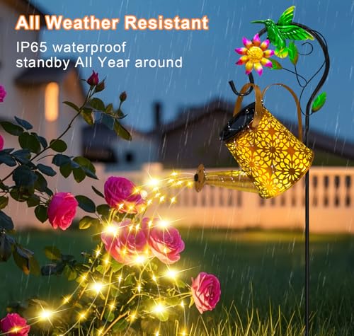 Solar Metal Watering Can with Hummingbird Shepherd Hook and Cascading Lights, Outdoor Solar Lantern for Garden, Yard, Patio Decor and Gardening Gifts for Women Mother's Day - color: Hummingbird, size: 1 Pack