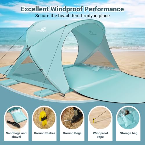 AugFir Beach Tent Sun Shelter, Beach Tent with Beach Mat Set, 4 Person Portable Beach Shade Canopy with UPF 50＋ UV Protection, Dual-Door Ventilation Design, Easy Setup Family Beach Umbrella (Green) - color: Green