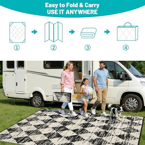 HEBE Checkered Outdoor Rug Waterproof 9x12, Reversible Plastic Straw Rug RV Camping Rug, Indoor Outdoor Patio Mat Clearance, Outside Carpet for Porch, Deck, Camper, Balcony, Backyard, Picnic - color: Beige/Black, size: 9' x 12' (Rectangular)
