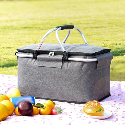 Insulated Picnic Basket, Portable Collapsible Picnic Basket, Leak-Proof Collapsible Cooler Bag with Handles and Zippered Top for Market Shopping Travel Beach - color: Gray