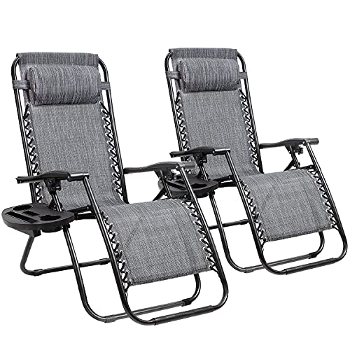 GUNJI Zero Gravity Chair Outdoor Lawn Folding Lounge Chairs Adjustable Reclining Patio Chairs Set of 2 with Cup Holder Lounge Gravity Chairs for Poolside, Backyard, Beach and Camping (Gray) - color: Grey