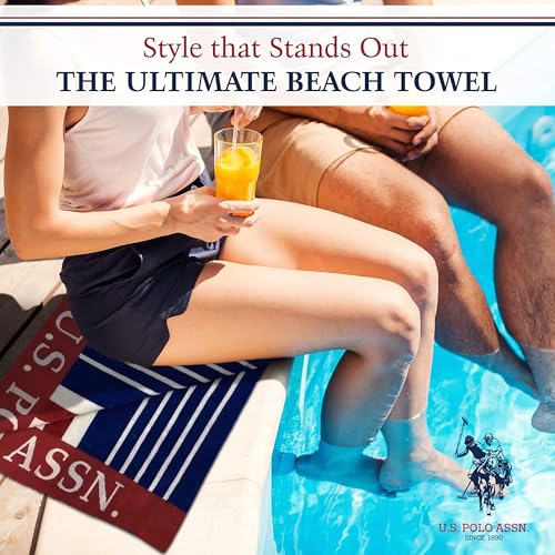 U.S. Polo Assn. Oversized (40” x 70”) Striped Nautical Design Beach Towel - Luxury Plush Cotton Hotel Quality for Bath, Pool - Blue/Red/White - color: Blue/Red/White, size: 40" x 70"