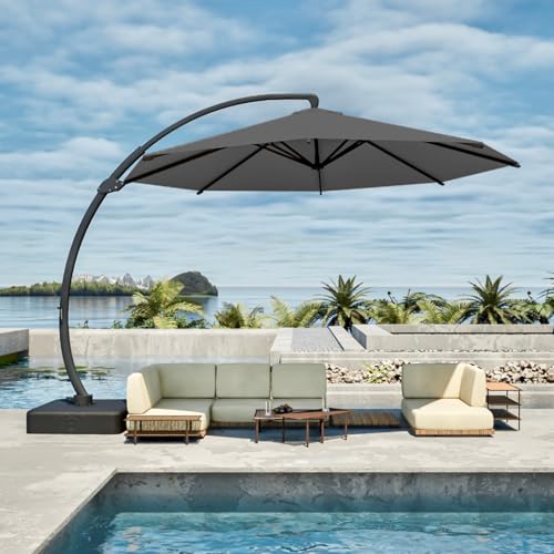 11FT Cantilever Umbrella with Base Large Curvy Outdoor Aluminum Offset Umbrella w/ 360° Rotation, UV Resistant Canopy for Patio, Garden, Backyard, Gray - color: Gray, size: 11FT