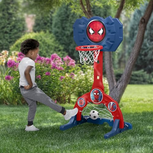 Delta Children Marvel Spider Man 4-in-1 Sports Center – Adjustable Easy Score Basketball Hoop, Soccer/Hockey Net and Golf Game, Red/Blue - color: Marvel Spider-man