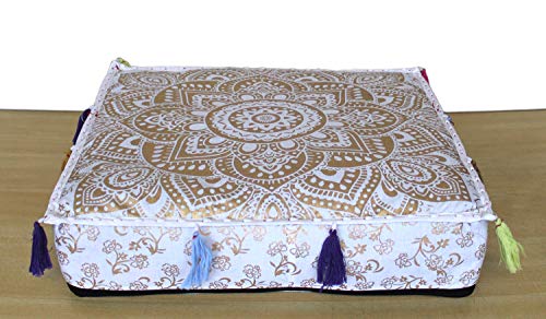 ICC Large Square Cotton Mandala Cushion Cover Hippie Ottoman Pouf Cover Daybed Floor Pillow Cover with Heavy Duty Zipper Seating Ottoman Poufs Dog-Pets Bed (White Flower Gold, 18" Square) - color: White Flower Gold, size: 18" x 18" (Pack of 1)