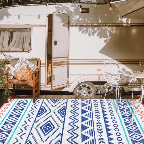 Outdoor Rugs Patio Camping Waterproof - 9x12 Plastic Straw Patio Rug Portable for Campers, Outside RVs Mat, Outdoor Area Carpet for Patios Clearance, Backyard Porch, Balcony, Picnic - color: Blue Red, size: 9' x 12' (Rectangular)