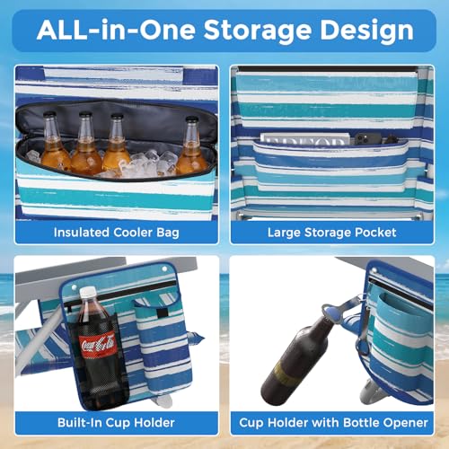 5-Position Backpack Beach Chair for Adults with Lumbar, Foldable Tall Heavy-Duty Beach Chairs with Cooler Bag,Cup Holder,Towel Rack for Beach, Camping, Outdoor (2, Blue&White) - color: Blue&white, size: 2 pack
