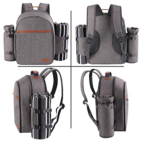Apollo Walker Picnic Backpack Set for 2 Person with Cooler Compartment, Detachable Bottle/Wine Holder, Fleece Blanket, Plates and Cutlery Set - color: Lightgrey, size: 2 Person