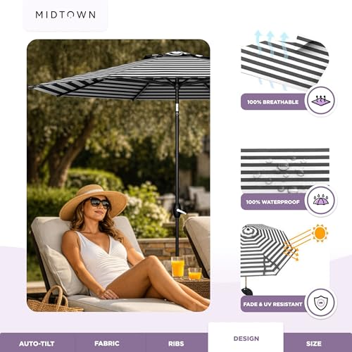 Midtown Umbrellas - The Lean 10 Ft Patio Umbrella with Fade-Resistant Sunbrella Fabric, Auto-Tilt Aluminum Frame and 8 Reinforced Ribs for Deck, Pool & Garden - Canvas Glacier Canopy, Black Pole - color: Sunbrella Black & White, size: 10 Feet