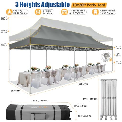 HOTEEL 10x30 Heavy Duty Pop up Canopy Tent Without Sidewalls, Easy Setup Outdoor Commercial Instant Tent for Parties Wedding Event, with Portable Bag, Gray(Hexagonal Frame) - color: Dark Gray, size: 10x30FT (No Walls)