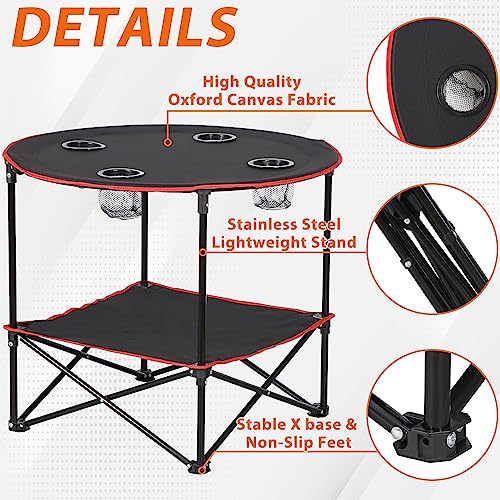HomGarden 28" Portable Folding Picnic Table Outdoor Camp Table Round 2-Tier with 4 Cup Holders,Portable Tables Folding for BBQ Fishing Beach Table for Party Black