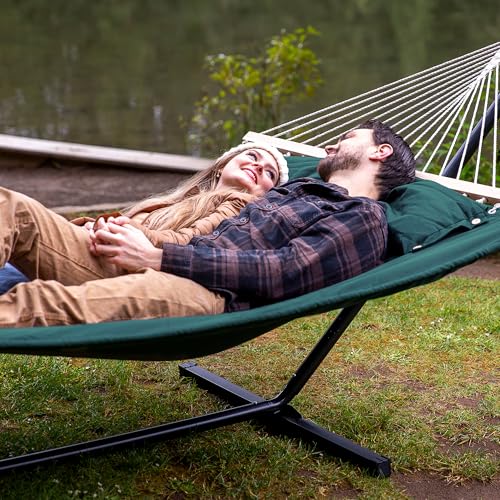 SUNCREAT Hammocks Extra Large Double Hammock with 12 ft Stand for Outside, 475lbs Capacity, Outdoor Portable Hammock with Hardwood Spreader Bar, Extra Large Pillow, Dark Green - color: Dark Green, size: 12 ft Stand
