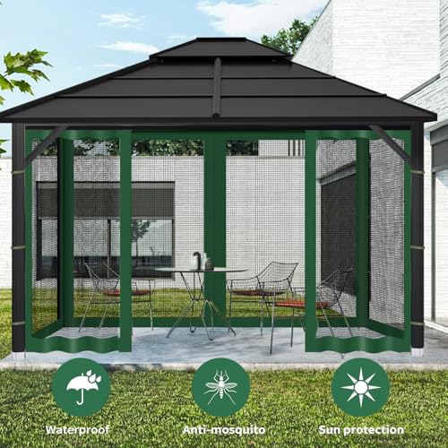Gazebo Replacement Mosquito Netting Outdoor Universal Gazebo Canopy 4-Panels Screen Sidewalls with Zipper for Patio Garden (Green, 10x10) - color: Green, size: 10x10